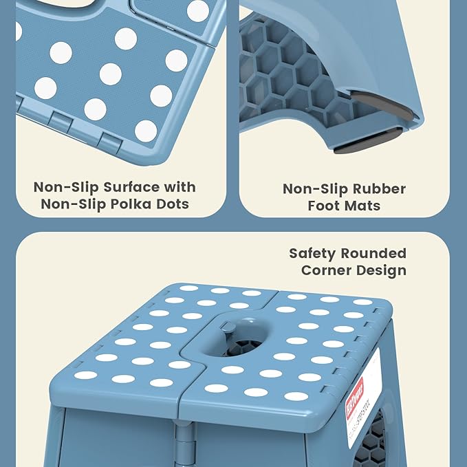 HBTower Folding Step Stool 9 Inch - Holds 600 lb, Non-Slip Surface & Carry Handle - Sturdy Step Stool for Kids, Toddlers & Adults - Compact Foldable Foot Stool for Kitchen, Bathroom, Bedroom(Blue)