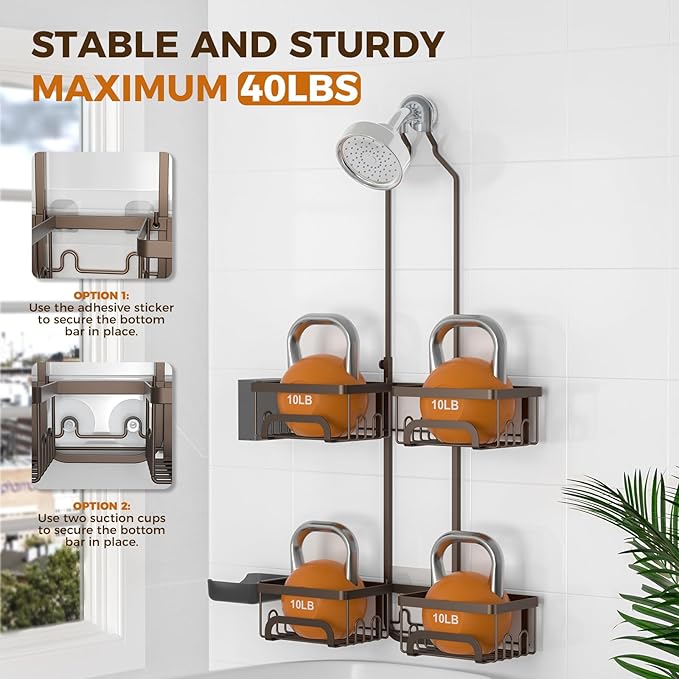 REINHARDT Shower Caddy Hanging for Handheld Showerheads Adjustable Split Shower Caddy, Rustproof Shower Organizer with Hooks for Razor Over the Head Caddy with Soap Holder Bathroom Accessories, Bronze