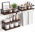 Fixwal Wall Mounted Bathroom Shelves Over Toilet, Rustic Wood Floating Shelves with Metal Frame and Towel Bar for Bathroom, Kitchen, Bedroom, Living Room (3 Plus 1 Dark Brown)