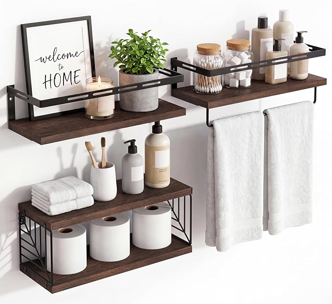 Fixwal Wall Mounted Bathroom Shelves Over Toilet, Rustic Wood Floating Shelves with Metal Frame and Towel Bar for Bathroom, Kitchen, Bedroom, Living Room (3 Plus 1 Dark Brown)