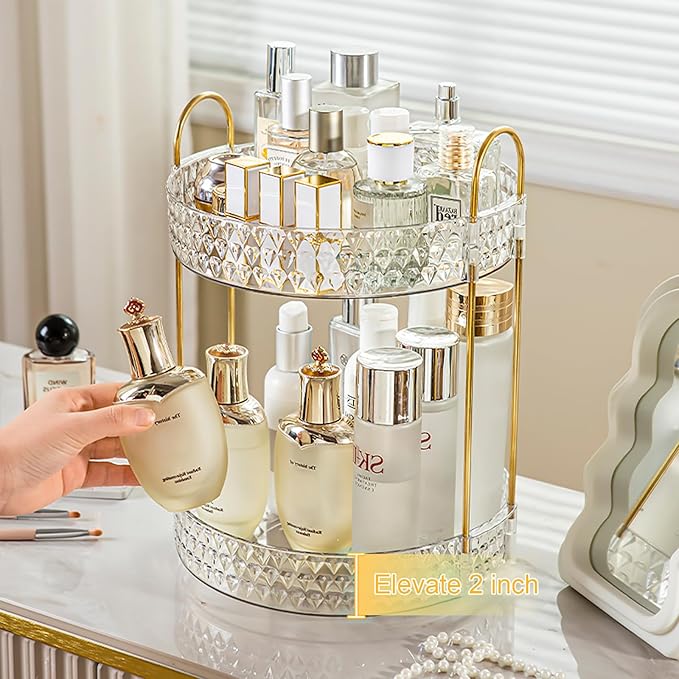 Rotating Makeup Organizer for Vanity, 2 Tier Perfume Skincare Storage for Women, Bathroom Counter Organizer, 360° Spinning Cosmetic Holder for Dresser Countertop, Clear