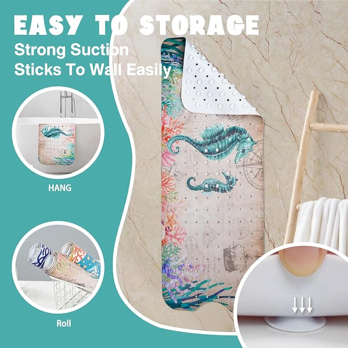 Ocean Bathtub Mat Non Slip, Cute Baby Bath Mat for Tub Rubber Tub Mat, Seahorse Coral Toddler Kids Bath Mats for Bathroom Anti Slip Shower Mat with Suction and Drain Holes Machine Washable, 40″x16″