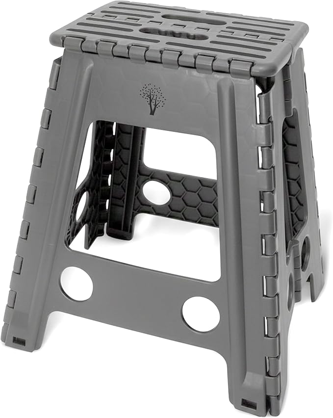 Inspired Living 18" Step Stool, Folding Step Stools for Adults, Plastic Foldable Step Stools Kids, Holds Up to 330 lbs, Collapsible Folding Stool for Kitchen, Bathroom, Bedroom (Grey Black, 18" High)