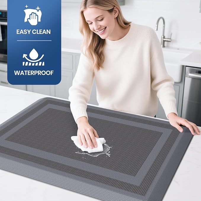 KitchenClouds [2 PCS] Kitchen Rugs Cushioned Anti-Fatigue Kitchen Mats for Floor Waterproof Kitchen Rug Set Non-Slip Comfort Standing Mat for Office, Sink, Laundry 20"×30"+20"×47", Grey
