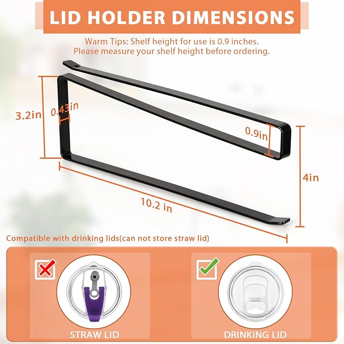 2 Pack Tumbler Lid Organizer, Horizontal Tumbler Lid Storage Hook to Hold Up 20 Lids, Space Saving Cup Lid Holders Under Cabinet Tumbler Lid Hook for Kitchen Organizer, Paper Towel Rack Hanger (Black)