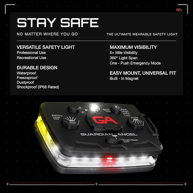 Guardian Angel Elite Series Safety Light, Beacon Device (White Front & Red/Yellow Rear) Rechargeable, Magnetic, Hands-Free Wearable & Mountable LED Flashlight for Construction, Utilities, & Roadside