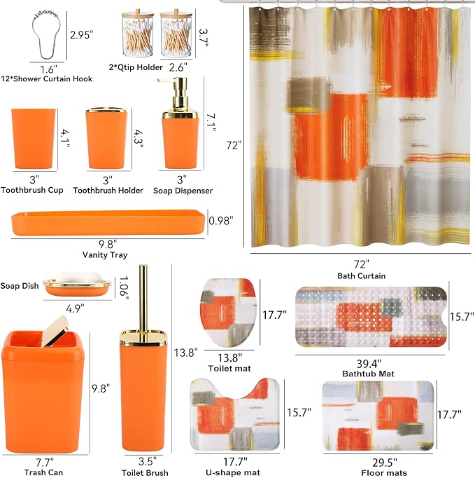 XLHOMO Bathroom Accessories Set - 26PCS Orange Bathroom Set, Luxury Bathroom Accessory Set with Shower Curtain and Rugs and Bathtub Mats for Home
