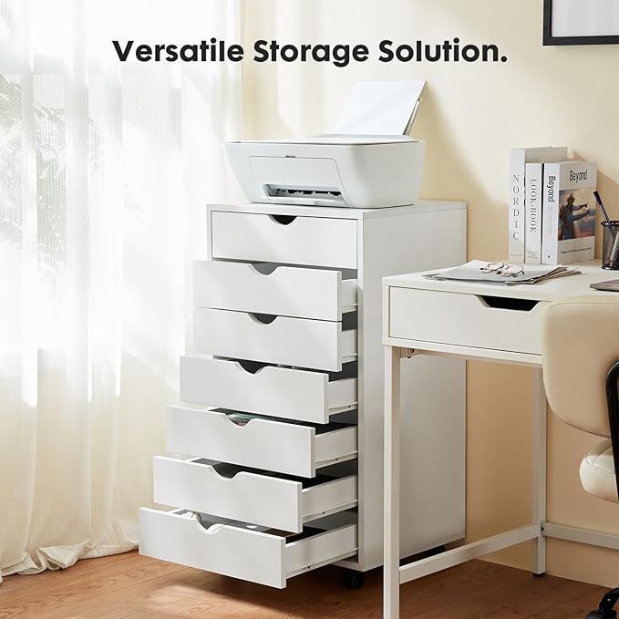 OLIXIS 7 Drawer Mobile File Cabinet Under Desk Storage Organization with Wheels Vertical Filing Chest Rolling Wood Small Desk Printer Stand for Home Office, 15.75"D x 18.74"W x 34.25"H, Classic White