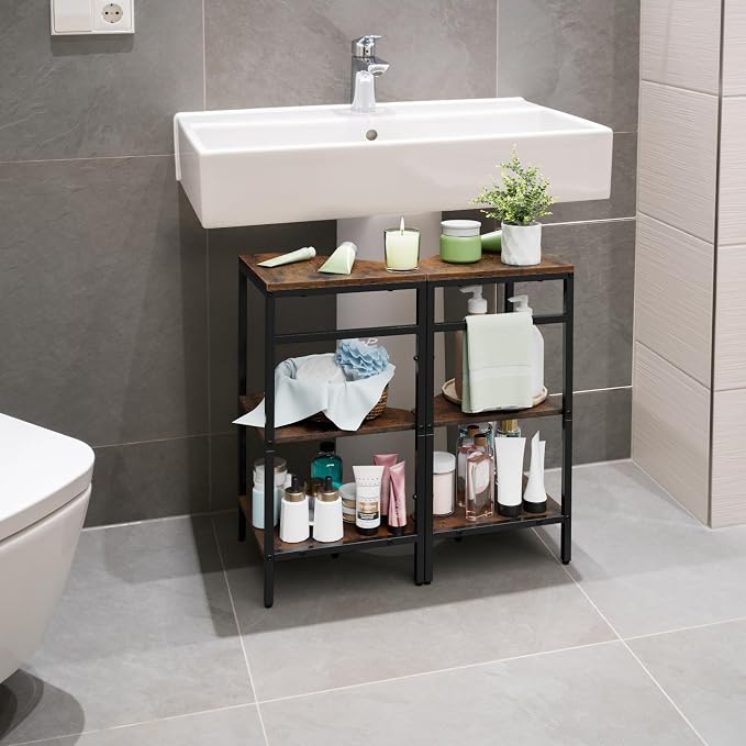 Pedestal Sink Storage, 2 Pack Under Sink Organizer Shelf for Bathroom 3 Tier Wooden Corner Shelves Standing Under Vanity Storage Shelf for Small Space, Bathroom Organizers and Storage Rack, Brown