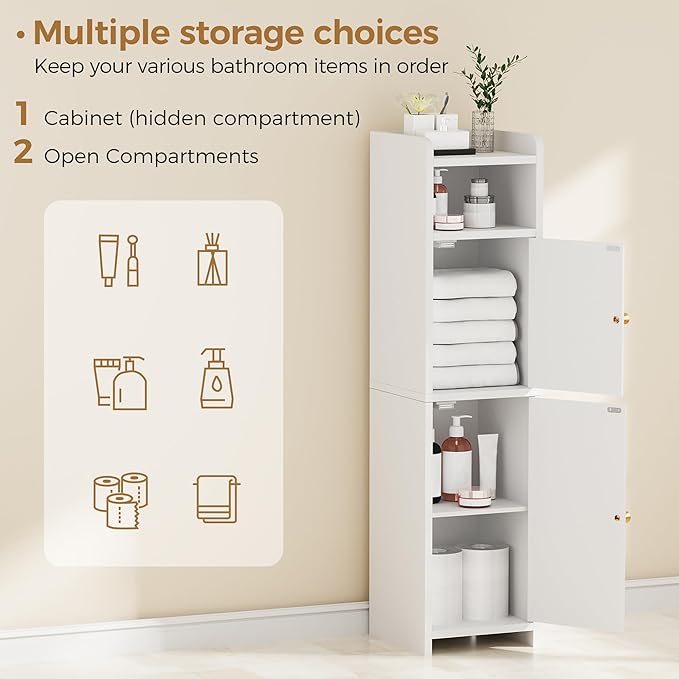 BEWISHOME Small Bathroom Cabinet, Bathroom Storage Cabinet with Adjustable Shelves & 2 Doors, Narrow Toilet Paper Cabinets, 7.9" D x 7.9" W x 31.5" H, for Small Spaces, White YYG03W