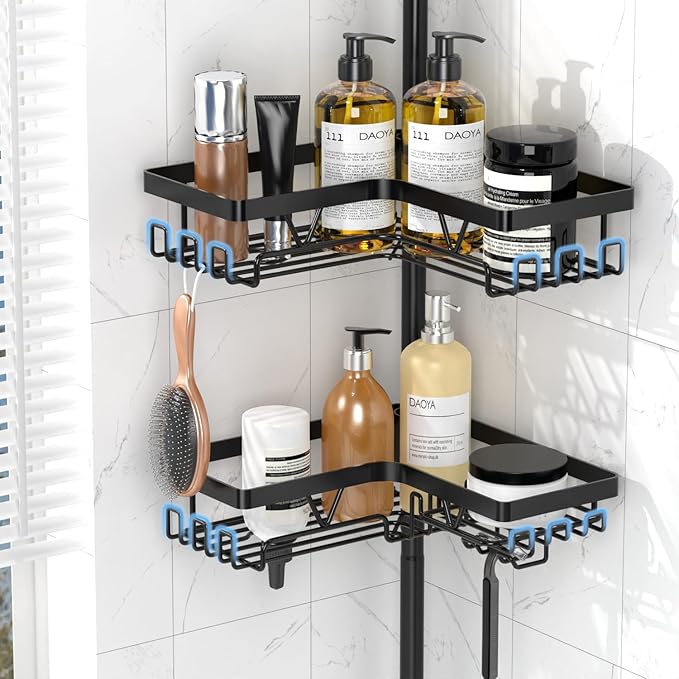 DAOYA Corner Shower Caddy - 4-Tier Shower Caddy Tension Pole with 2 Removable Soap holders Bathroom Shampoo Holder for Bathtub & Corner, Black, Floor to Ceiling 25-114.2 inch