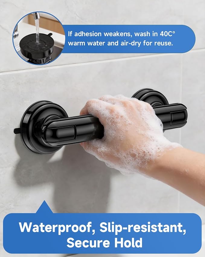 2 Pack Suction Cup Grab Bars for Bathtubs and Showers, 11 Inch Bathroom Safety Grip No Drilling & Waterproof, 230lbs Shower Handle Removable Bath Handrails for Seniors and Elderly, Black