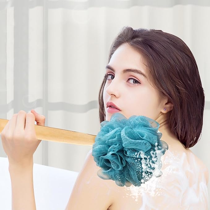 Teal Loofah with Handle - Back Scrubber Shower Sponge, Vibrant Exfoliating Luffa with PE Mesh and Wood Handle, Refreshing Bath Experience for Men and Women