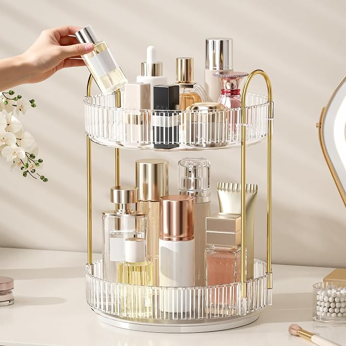 Oifecsie 360° Rotating Makeup Organizer, Large Capacity SkinCare Organizer, 2 Tier Cosmetic Skin Care Perfume Dresser Organizer, Fits Cosmetics, Perfume, Skin Care, Lipstick