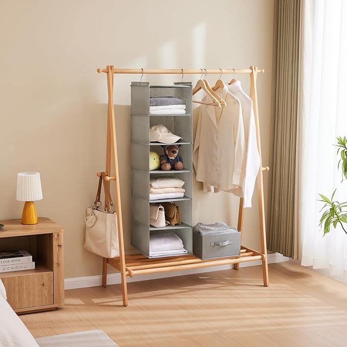MAX Houser 6 Tier Shelf Hanging Closet Organizer, Closet Hanging Shelf with 2 Sturdy Hooks for Storage, Foldable (Light Grey)