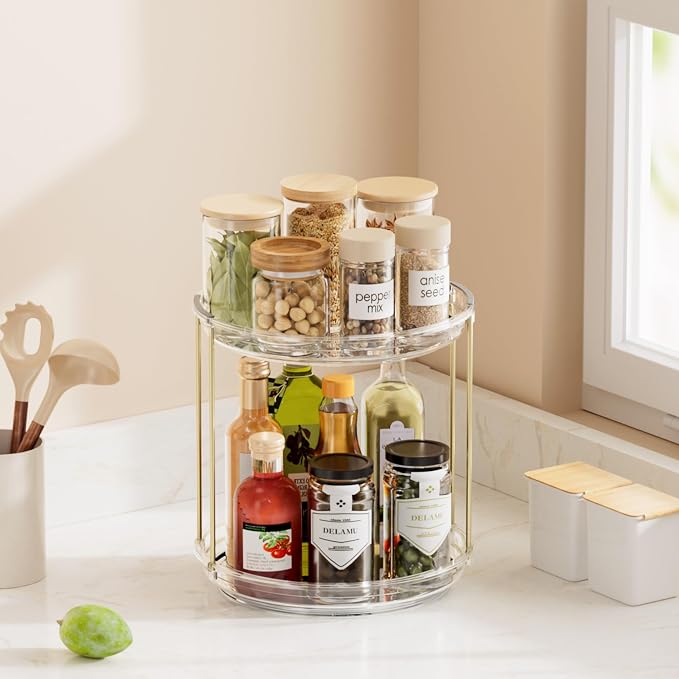 Delamu Rotating Makeup Organizer for Vanity, 2 Tier Bathroom Counter Organizer with Stackable Design, Spinning Skincare Organizer for Bathroom Countertop, Perfume Cosmetic Storage, Clear