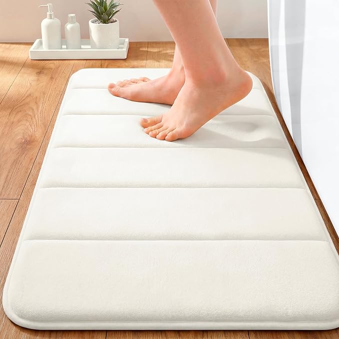 OLANLY Memory Foam Bath Mat 35x16, Super Soft Absorbent Bathroom Rugs, Quick Dry, Machine Washable Shower Floor Rugs, Bathmat Carpet, Bathroom Home Decor Accessories, Ivory