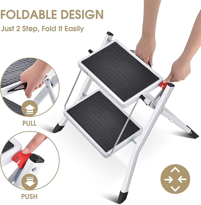 KINGRACK Folding Step Ladder, 2 Step Foldable Step Stool, Portable Stepladder with Handle, Non-Slip Rubber Mat, Release Button, Small Household Stepping Stool for Home Kitchen, for up to 330lbs, White