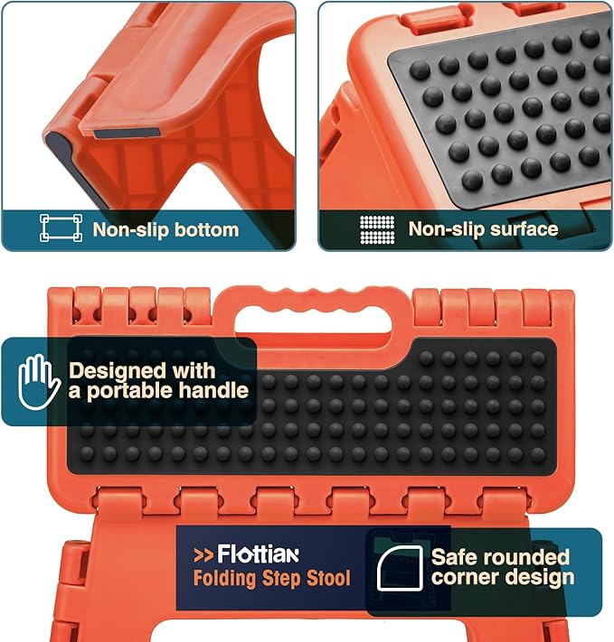Flottian 13" Folding Step Stool for Adults and Kids Holds Up to 300 lbs,Non-Slip Folding Stools with Handle, Compact Plastic Foldable Step Stool for Bathroom,Bedroom, Kitchen,Orange-Red,1PC