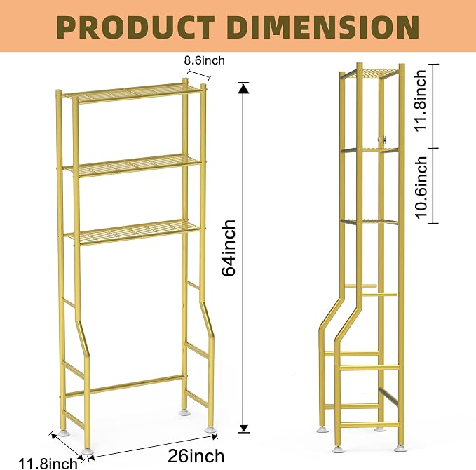 Livilord 3-Tier Over The Toilet Storage Rack, Space Saver Metal Bathroom Shelves, Freestanding Over Toilet Bathroom Organizer for Bathroom/Living Room (Gold)