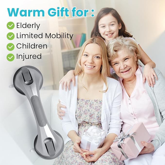 TAILI Shower Handles for Elderly Suction, 2 Pack 12 Inch Shower Grab Bars for Seniors, Grab Bars for Bathtubs and Showers, No Drilling Removable Safety Shower Grip, Silver,G9