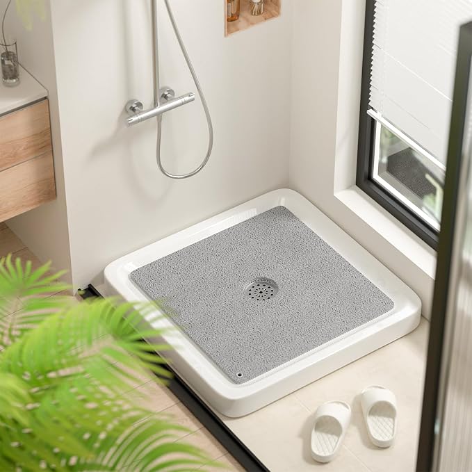 HITSLAM Non Slip Shower Mat for Textured Tub Floor, 21x21 Inch Square Loofah Bath Mat for Inside Shower Stall, Quick Drying, No Suction Cups, Grey
