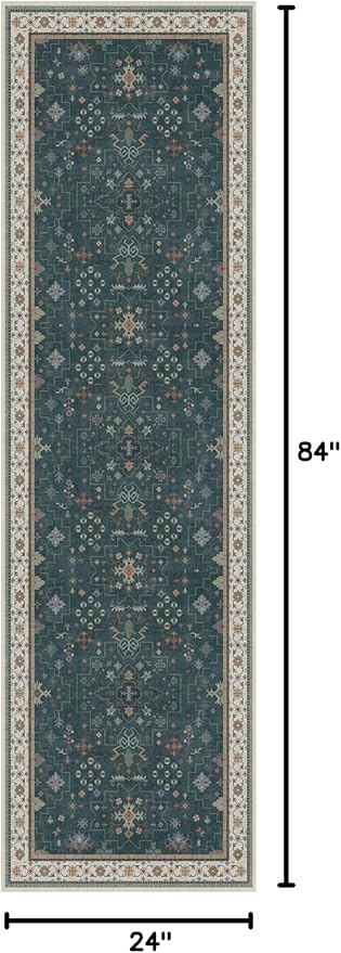 Hazo Haus Vintage 2x7 Washable Runner Rug Non Slip for Kitchen, Bathroom, Hallway - Low Pile Stain Resistant 7ft Long Runner Rugs - Victorian Eclectic Floral Pastel Home Decor (2x7 Dark Green)