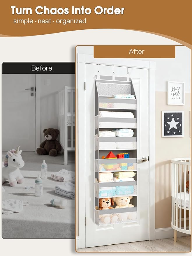 Criusia Over The Door Organizer, Heavy-Duty 6-Shelf Hanging Storage with 13 Mesh Pockets, 55lbs Capacity Behind The Door Storage for Nursery, Bathroom, Bedroom, and Dorm, Grey
