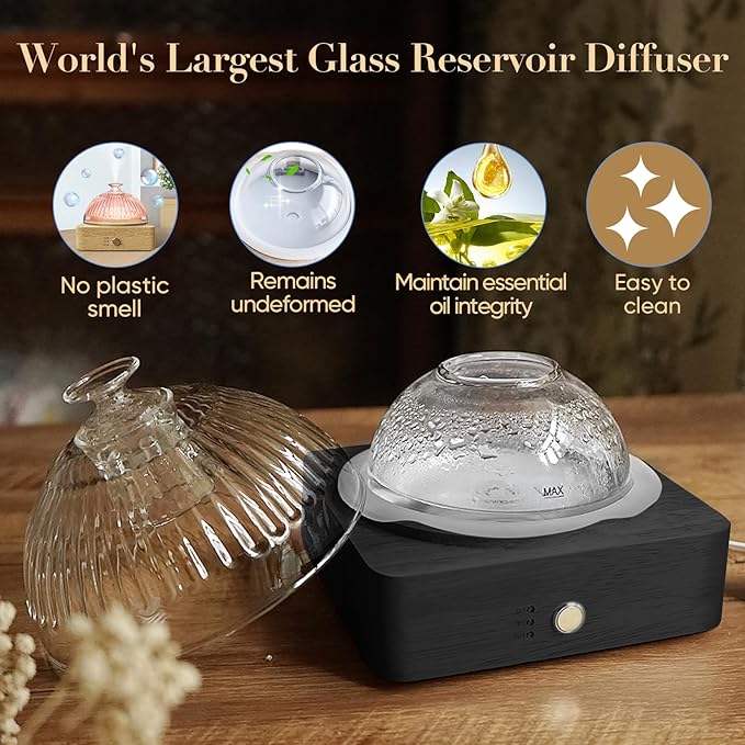 Glass Dome Essential Oil Diffuser with Glass Reservoir & Wood Base-Plastic Free, 200ml Ultrasonic Diffuser for Aromatherapy with Timer 7 Color Light Auto-Off for Home Office Yoga Dark Brown