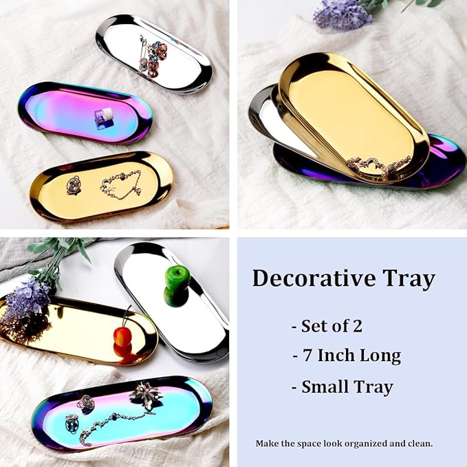Stainless Steel Decorative Tray, Set of 2, 7 Inch Long, Jewelry Dish Cosmetics Organizer Bathroom Clutter Serving Platter Small Storage Tray, Oval, Silver