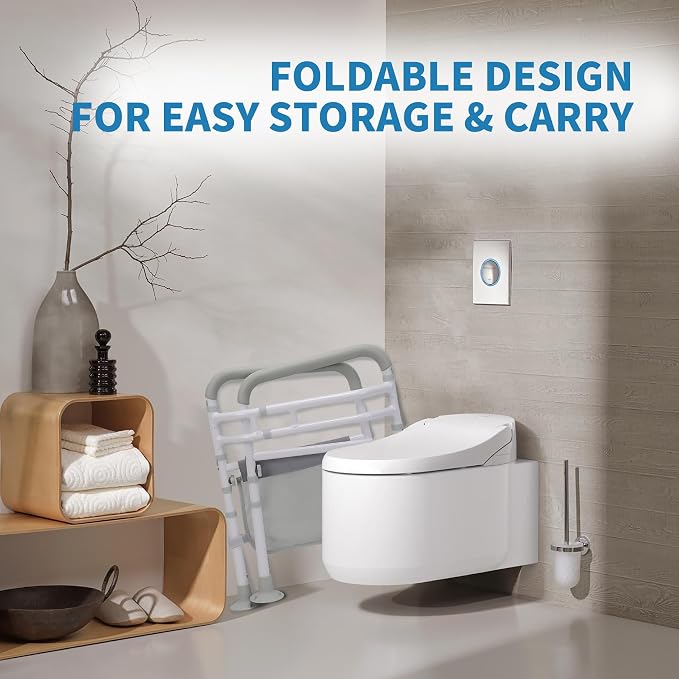 Toilet Safety Rails (300 LB) – Adjustable, Foldable Toilet Handle Frame for Elderly & Disabled Adults, Supports All Toilet Types with Storage Bag