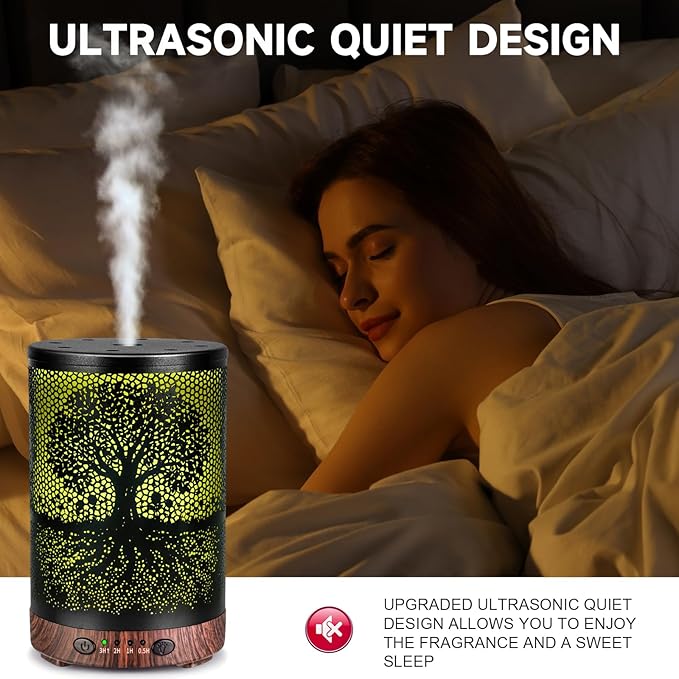 Essential Oil Diffuser 120ML Metal Aromatherapy Diffuser with Timer, Cool Mist Humidifier with Auto Shut-Off & 7 Color Lights for Home Office Spa (Life Tree)