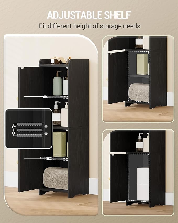 Hzuaneri Bathroom Storage Cabinet, Small Corner Floor Cabinet with 2 Doors and Adjustable Shelf, Narrow Toilet Paper Cabinets, Bathroom Organizer for Small Spaces, 7.9"D x 7.9"W x 29.5"H Rattan Black