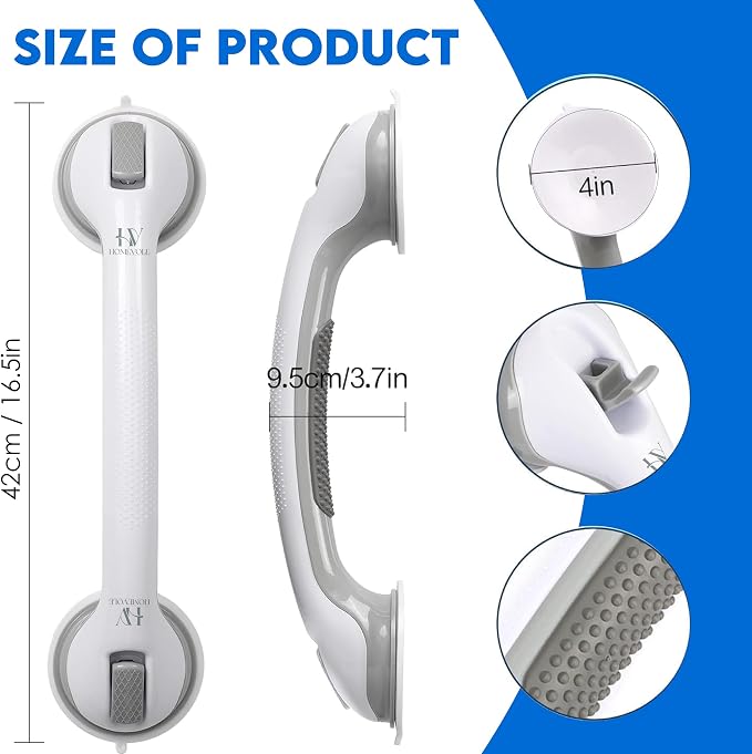 Shower Grab Bars for Elderly, Suction Shower Handles for Bathroom Safety, Non-Slip Shower Safety Bars for Seniors, Removable Grab Bars for Shower Walls, Bathtub Support 16 Inch (2 Pack)