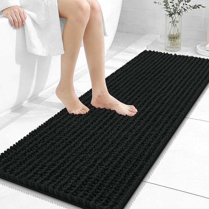 OLANLY Long Bathroom Rugs Runner 47x17, Thick Soft and Absorbent Chenille Bath Mat, Non-Slip, Machine Washable Quick Dry Bath Rugs for Tub Shower Floor, Home Decor Accessories, Black