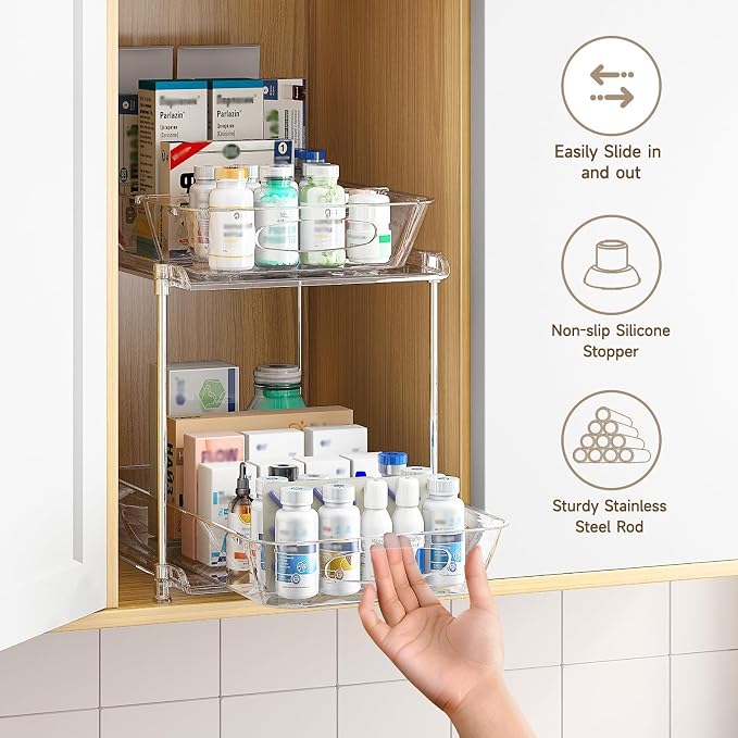 Sevenblue Under Sink Organizer, Bathroom Organizers and Storage, 2 Tier Multi-Use Pull Out Cabinet Organizer with Hang Hooks and Cups (transparent, 2 Pack)