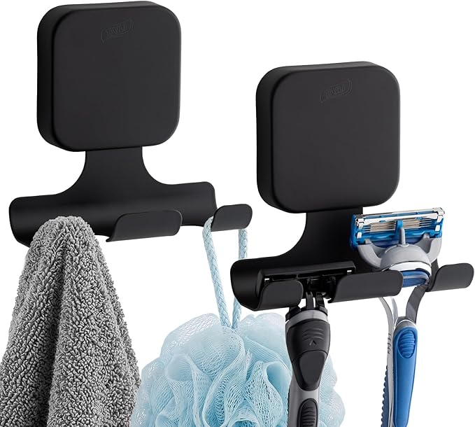 TAILI Powerful Suction Cup Razor Holder 2 Pack, Stylish 304 Stainless Steel Bathroom Suction Hooks for Towel, Loofah, Bathrobe, Shaver Holder for Shower Wall, Easy to Install and Reuse, Black
