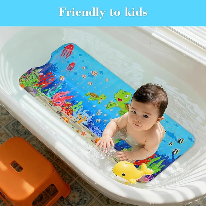 Secopad Bath Mat for Tub Non Slip, Machine Washable Anti-Slip Cartoon Baby Bathtub Shower Mat with Drain Holes and Suction Cups for Toddler & Kids (40 Inch x 16 Inch-Rectangular, Turtles) (Pack of 2)