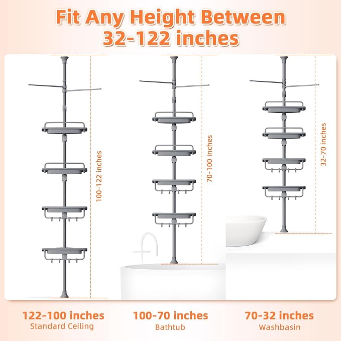 XLHOMO 32-122inch Corner Shower Caddy Tension Pole Grey, Rustproof Drill-Free Shower Shelves for Bathroom Bathtub Washbasin, Adjustable Shower Organizer with 4 Tier Patent Stable Shelves & Towel Bars