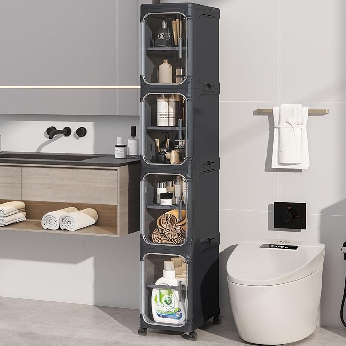 4-Tiers Slim Bathroom Storage Cabinet, Foldable Storage Cabinets,Narrow Bathroom Storage,Movable Bathroom Storage Organizer for Small Spaces,Bathroom,Kitchen,Laundry, Black