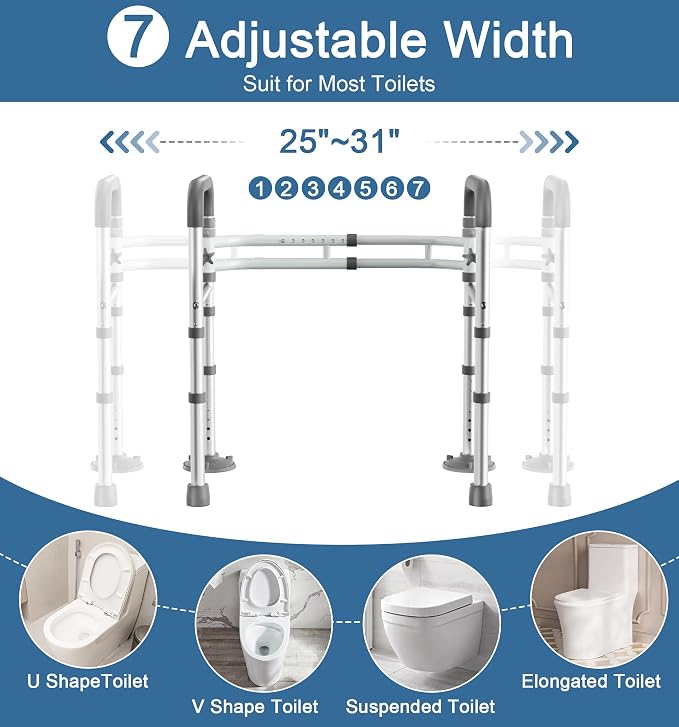 Toilet Safety Rails for Seniors (350 LBS), Adjustable Toilet Safety Frame for Elderly and Disabled, Foldable Handicap Toilet Assistance Rail Fits Most Toilets, Gray