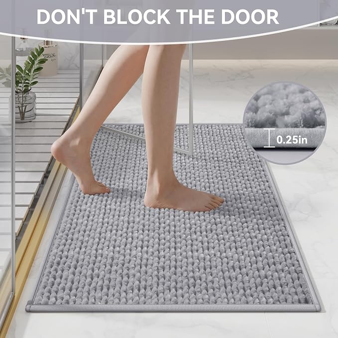 24x36 Extra Soft Chenille Bathroom Rugs - Non Slip Quick Dry Absorbent & Washable Bath Mat, Thin Low Profile Fit Under Door, Shower Mat for Outside Shower - Grey