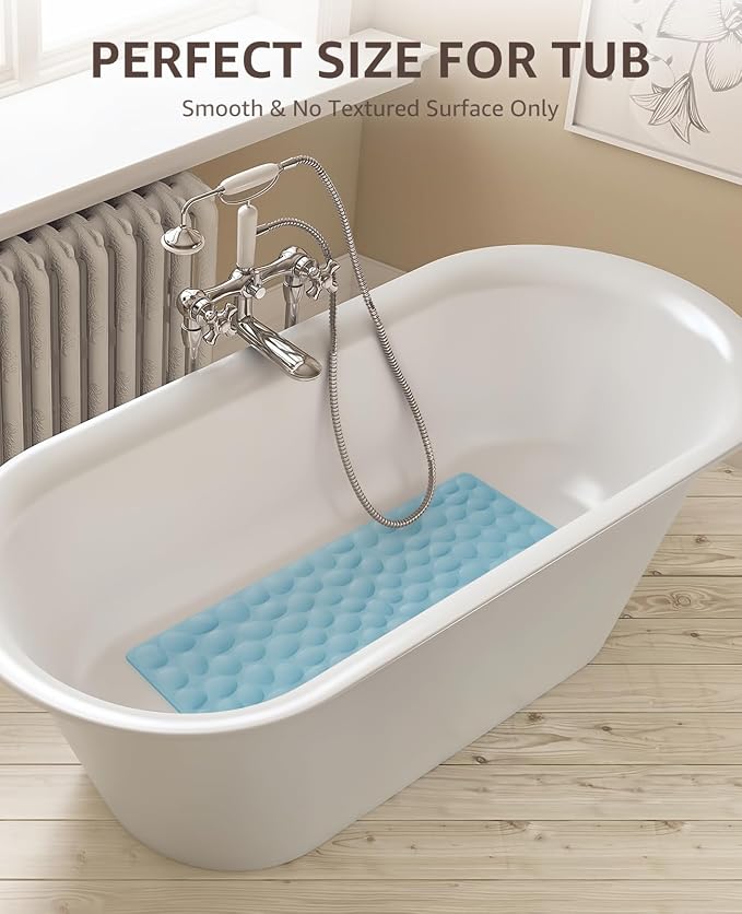 Bligli Non Slip Bathtub Mat, 16x31.5 Inch Standard Non-Slip Bathmats with Strong Suction Cups, Soft Rubber Anti-Slip Bathroom Floor Mat, Machine Washable, Comfort on Feet, 100% BPA Free (Sky Blue)