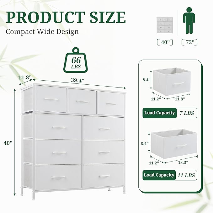 9-Drawer Dresser for Bedroom, Anti-Tip Tall Storage Organizer Chest of Drawers with Wooden Top and Metal Frame Fabric Bins for Closet, Living Room, Hallway, Entryway, Ivory White