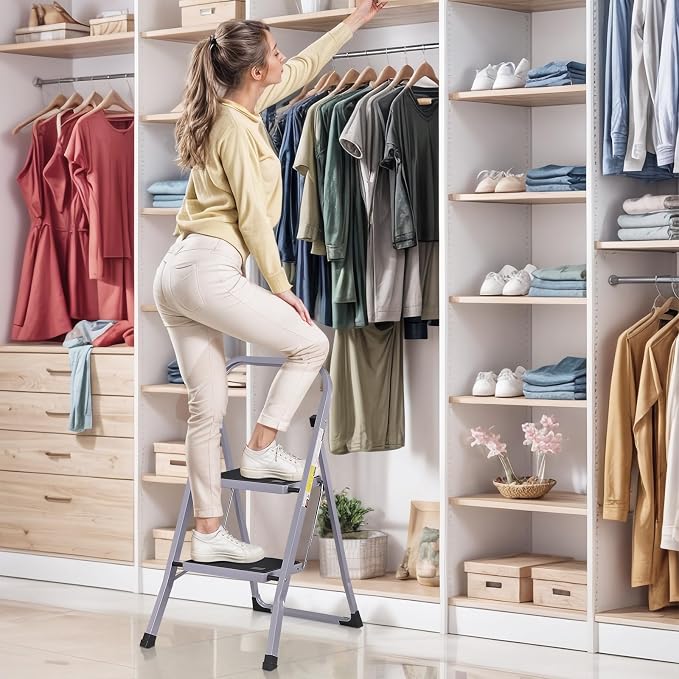 ZENY 2 Step Ladder Folding Step Stool with Wide Anti-Slip Pedal, Convenient Handgrip, Portable Steel Step Stool, 300 lbs Sturdy Steel Ladder for Household and Office, Gray