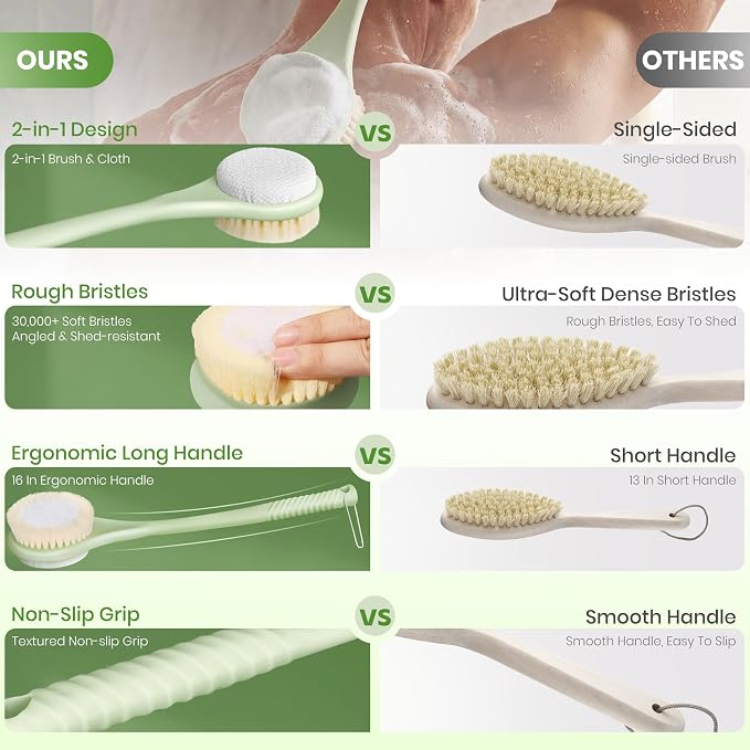 Back Scrubber for Shower with Long Handle, Dual-Sided Bath Brush with Soft Bristles & 150D Exfoliating Cloth, Anti-Slip Grip, Lightweight Back Washer for Shower, Men & Women (Green)