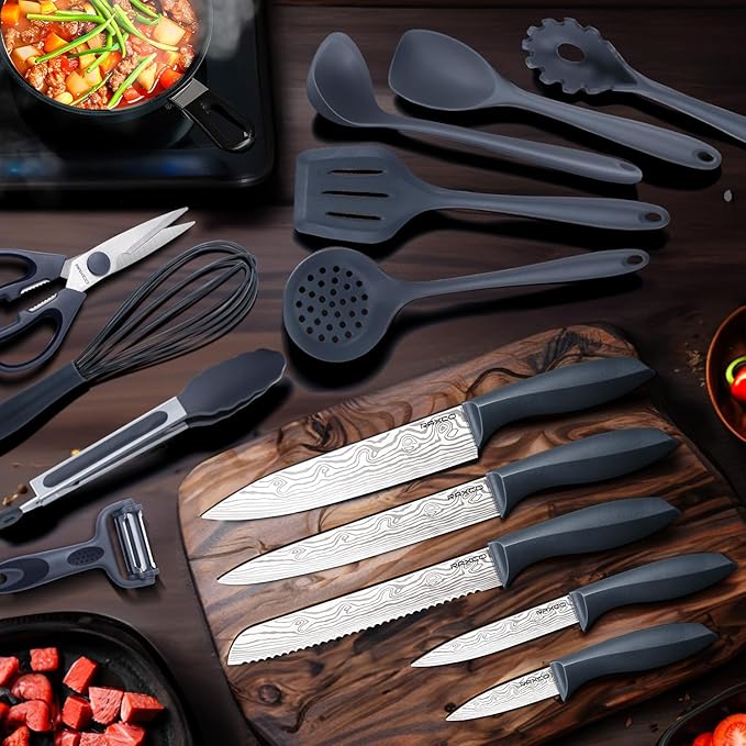 RAXCO Kitchen Set,18-Piece Cooking Utensils and Kitchen Knife Set,Gray | 7-Piece Kitchen Utensils Heat-resistant to 410°F,5-Piece Sharp Knife,5-Piece Cooking Tools and Cutting Board In One