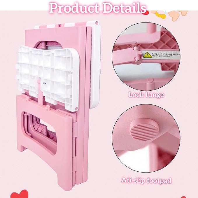 2 Step Stool Foldable, Non-Slip Steps, Folding Step Stool for Adults & Kids, Plastic Stool Pool Ladder, Collapsible Stools 2 Step Ladder for Kitchen Toilet Bedroom Office RV, Holds 330 lbs, Pink