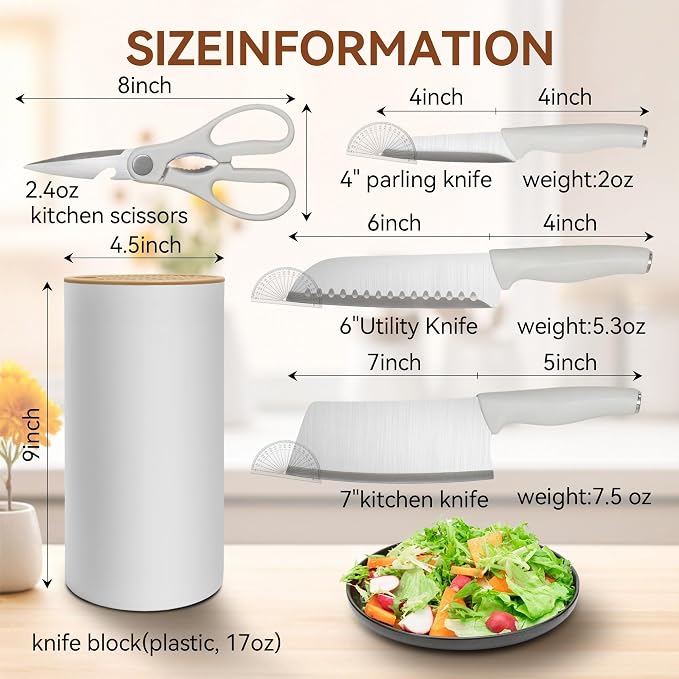 Small Knife Block Set, Modern Kitchen Knife Scissors with Universal Round Holder, Home Apartment New Kitchen Essentials, Space Saving, Dishwasher Safe(Vanilla White, 5PCS)
