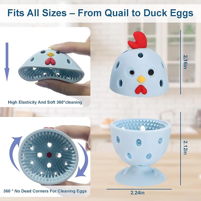 Egg Washer for Fresh Eggs, Egg Scrubber for Fresh Eggs, 2 Reusable Silicone Chicken Shaped Scrubs, Chicken Egg Cleaner, Eggshell Cleaner for Poultry Farm, Housewife Tools Vegetable Processing (Blue)